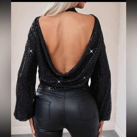 Luxe Sequin Drape Cowl Neck Open Back Backless Party Top Blouse Shirt Black - Picture 2 of 4